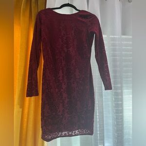 Casual long sleeve dress wine red low back
